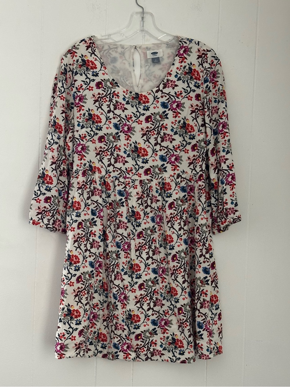Old Navy Cream Floral Swing Dress with Pink, Red, Blue Accents Size Small